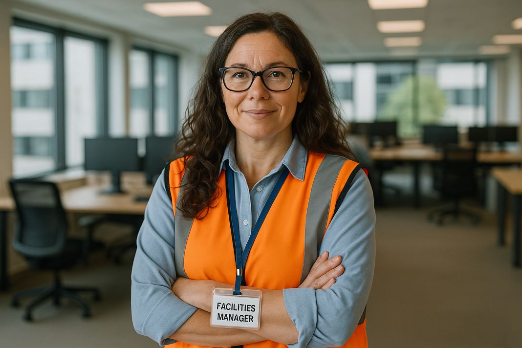 a photo of a facilities manager in an office block