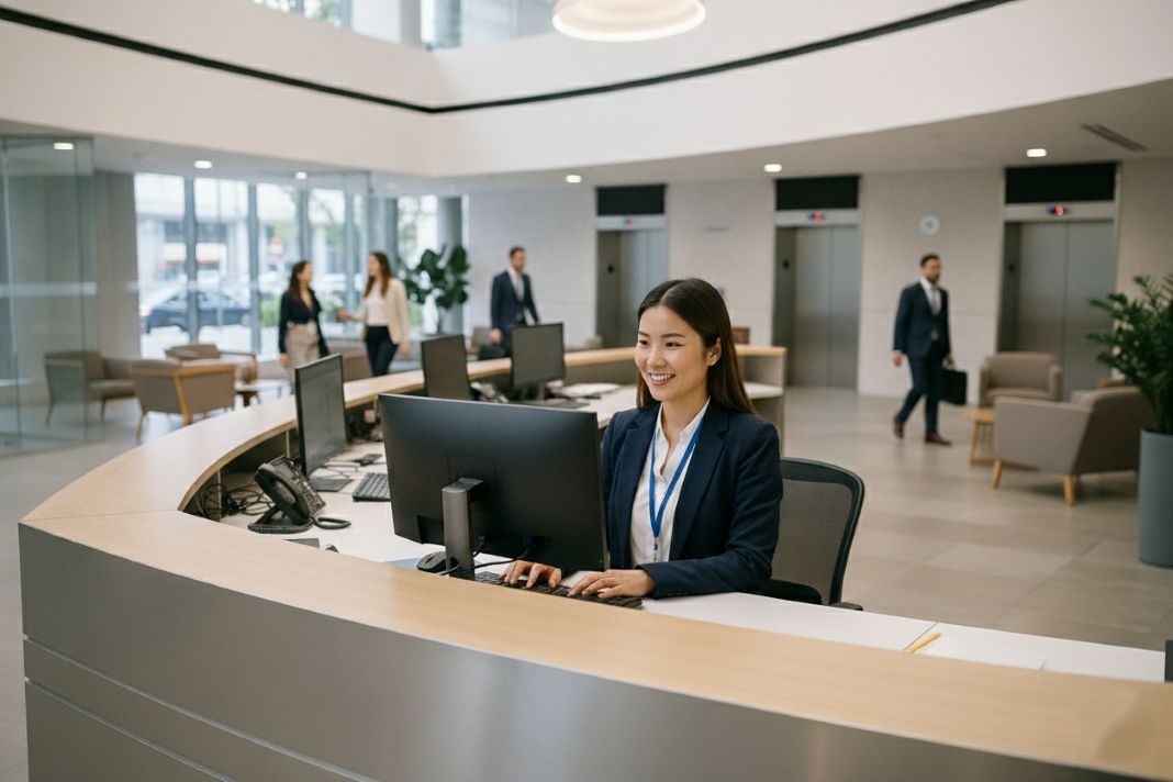 An AI photo of a front of house reception service in the middle of the day