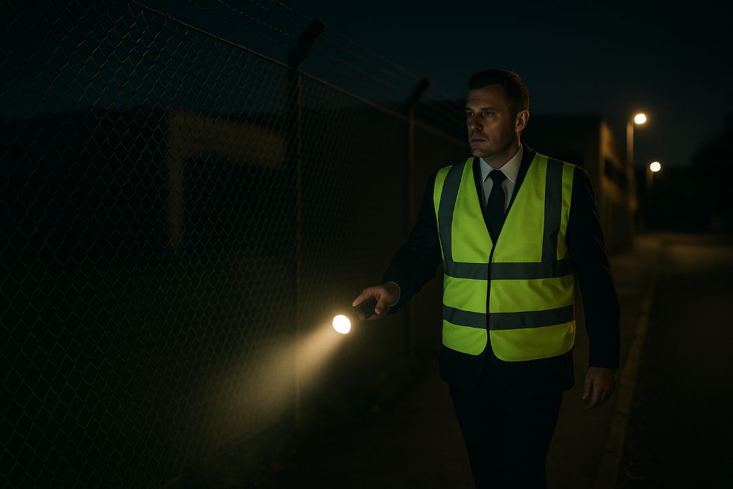 An AI photo of a security guard patrolling at night alone with a torch to help him see