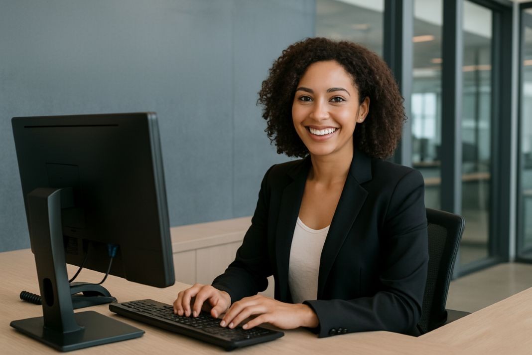 An ai photo of a front of house receptionist happily working in an office environment
