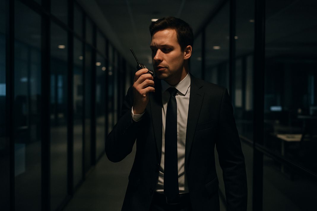 An ai photo of a security guard patrolling at night alone using a walkie talkie for communications