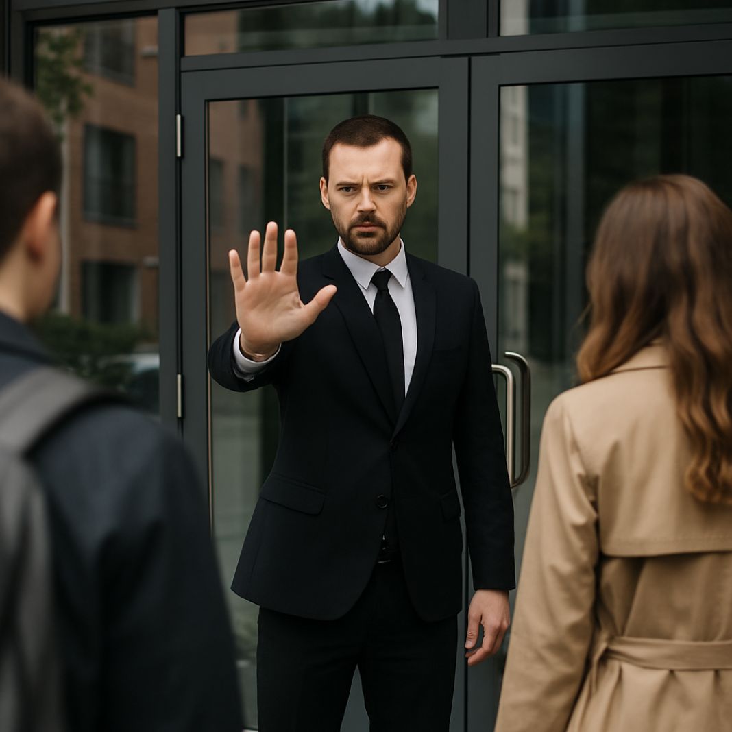 An ai photo of a security guard preventing people from entering a crime scene whilst waiting for police to arrive