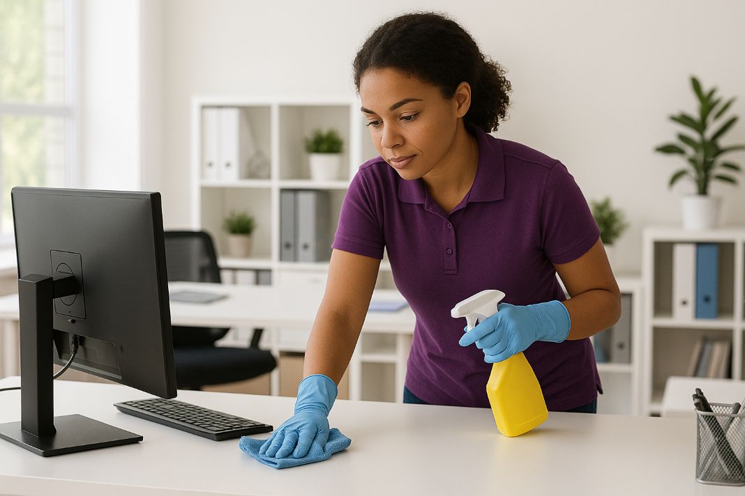 An ai photo of an office desk being cleaned An ai photo of an office desk being cleaned