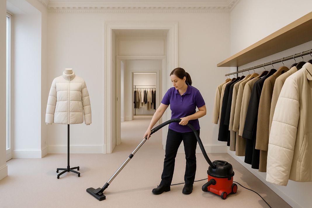 A AI photo of a cleaner professionally cleaning an upmarket retail store