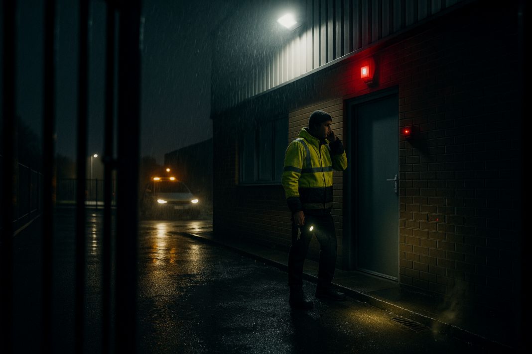 An AI photo of a key holding and alarm response officer attending a callout