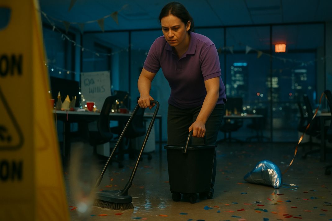 An ai photo of a cleaner cleaning an office after an office party