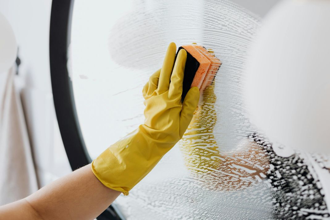 a photo of a cleaner cleaning a toilet mirror