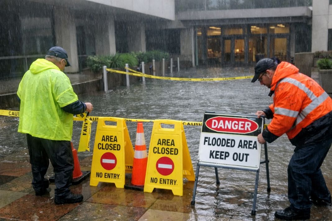 A representative image of a daytime office building with blocked access due to heavy rain, with facilities staff placing warning signs