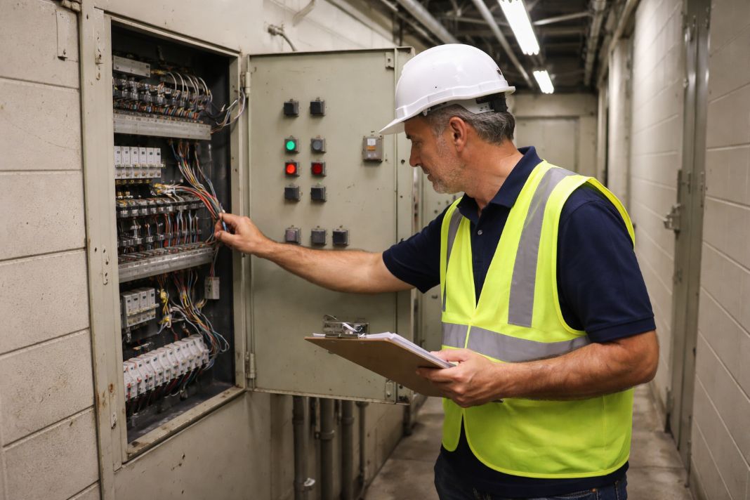 A representative image of a facilities manager inspecting electrical control panels inside a service corridor