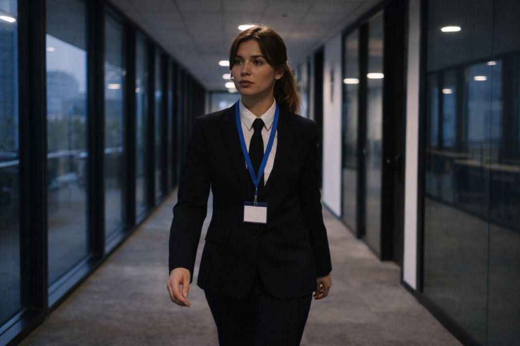 A representative image of a female security officer patrolling offices