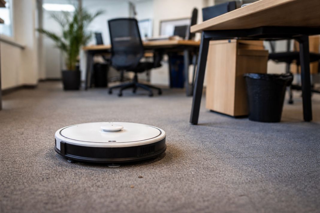 A representative photo of an automated cleaning device working in an office space