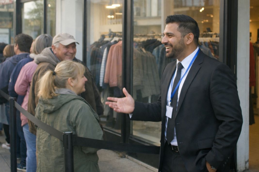 A respresentative image of a security officer managing a queue at a retail clothing store