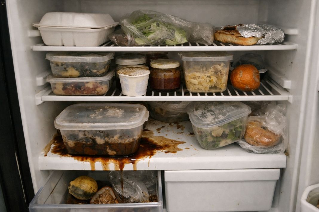 a representative image of a filled office fridge with unlabelled containers and items past their expiry date, including a leaking container on the bottom shelf