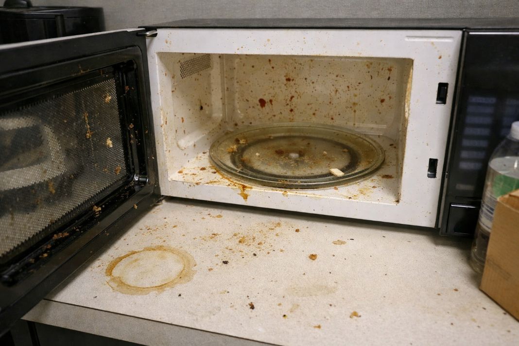 A representative image of photo of an office kitchen microwave with food splatters inside, a neglected countertop showing coffee stains and crumbs