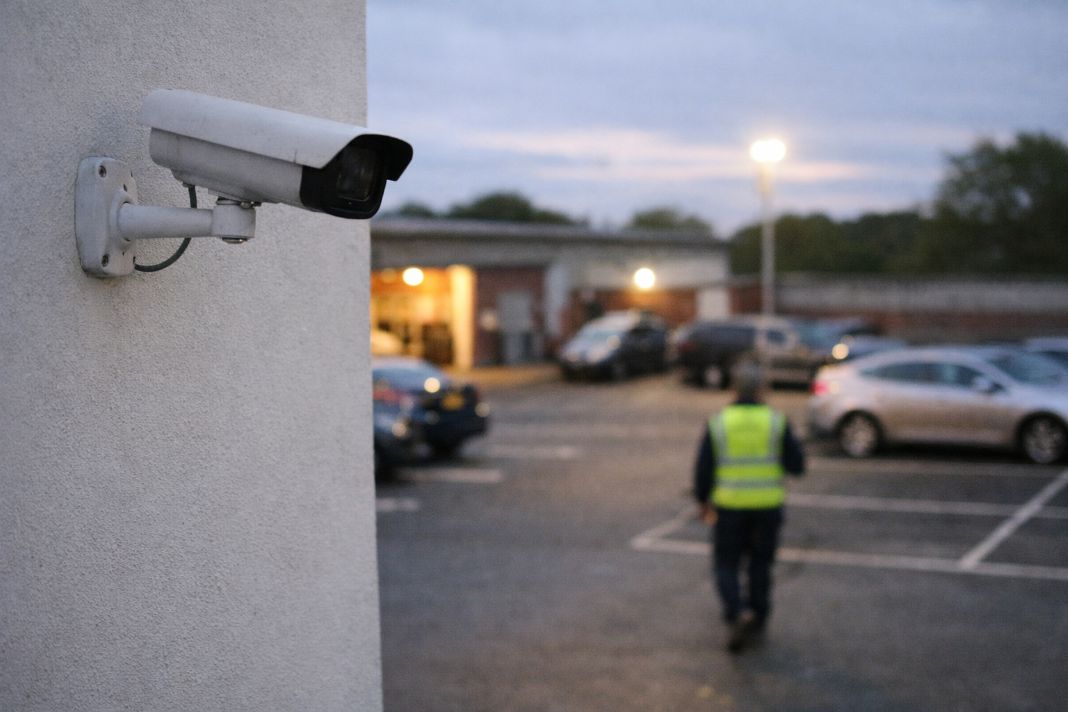 An illustrative image of a CCTV camera mounted on a plain wall overlooking a business car park,