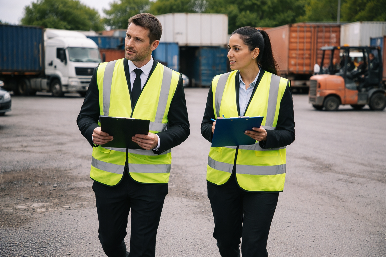 An representative photo of photo of two people in black suits wearing high-visibility vests over the top of their suits walking through a logistics yard holding clipboards