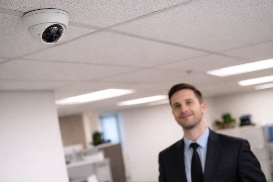 an ai photo of a cctv camera and an office worker in an office environment