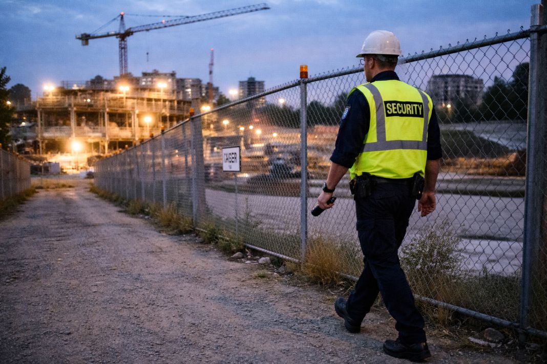an ai photo of a construction site security guard patrolling in the evening