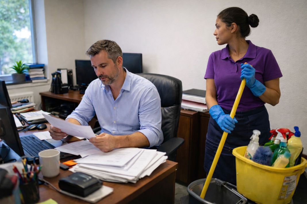 an ai photo of a manager checking out paperwork and a cleaner cleaning