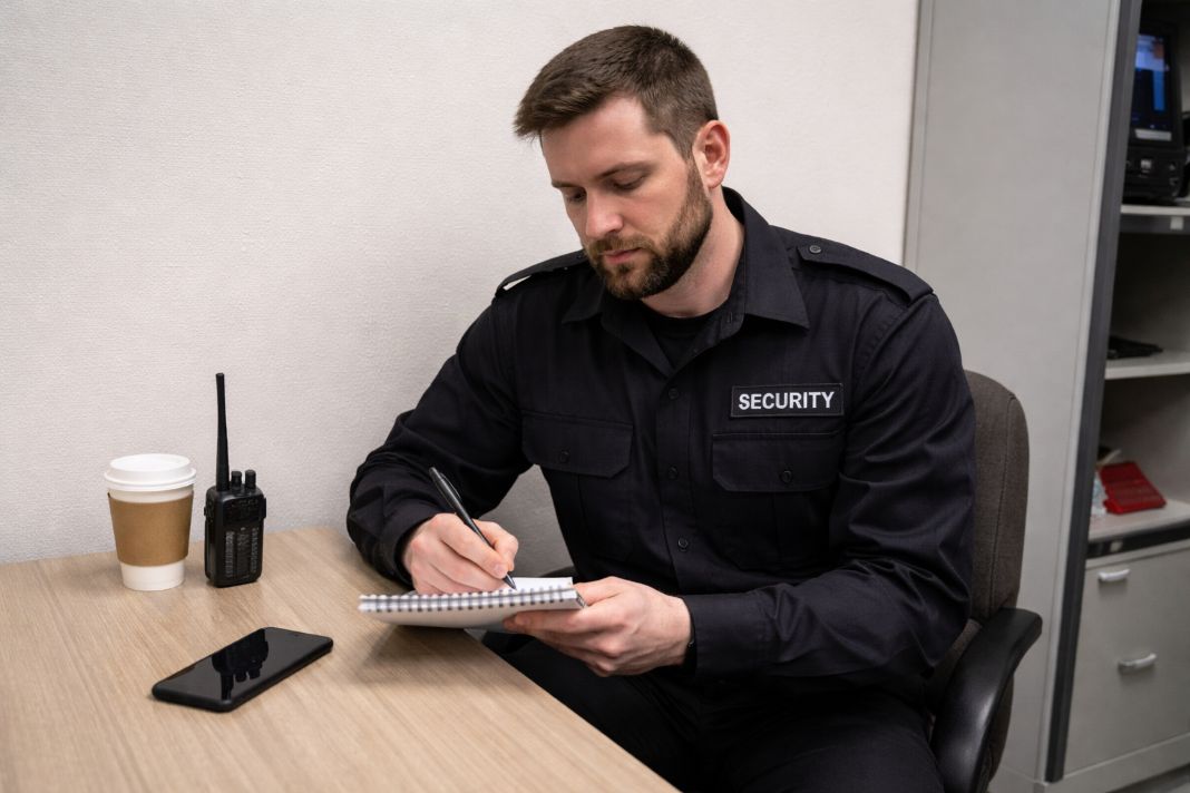 an ai photo of a security guard reviewing notes while seated in a quiet office area