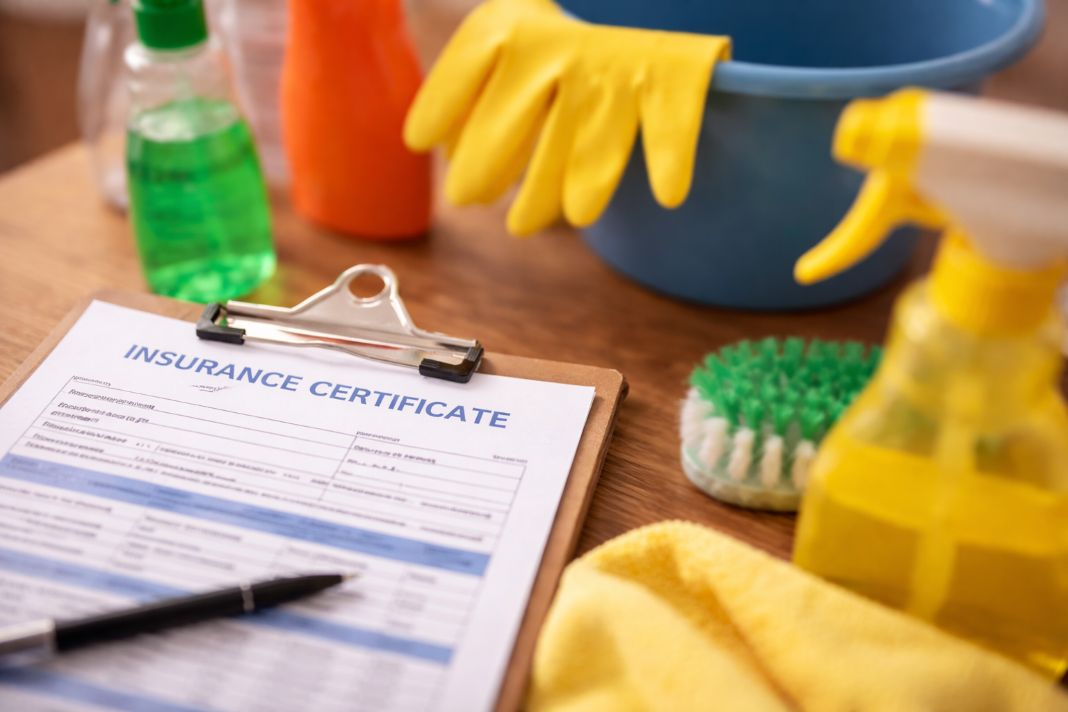 an ai photo of an insurance certificate and cleaning equipment