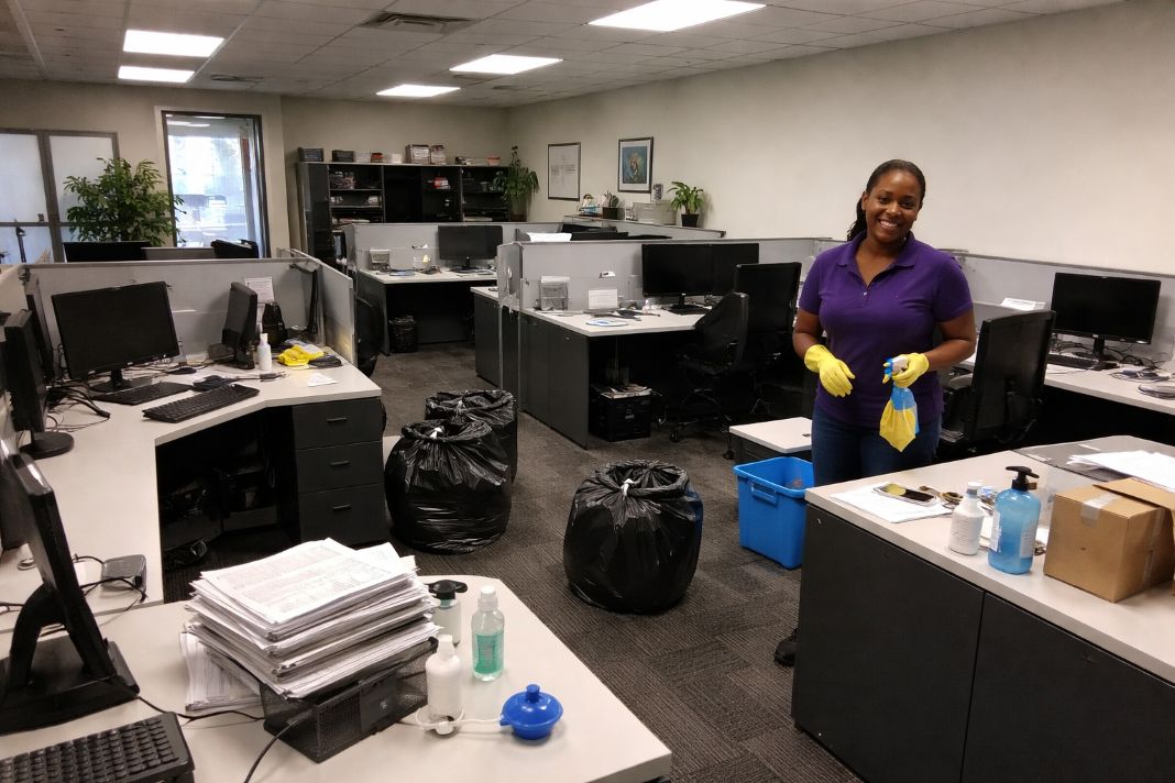 an ai photo of an office clean in progress in london