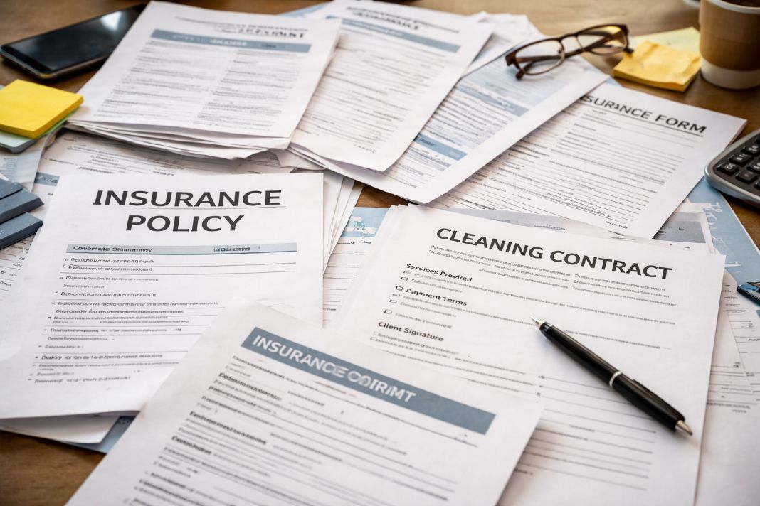 photo of insurance documents and cleaning contracts spread across a table