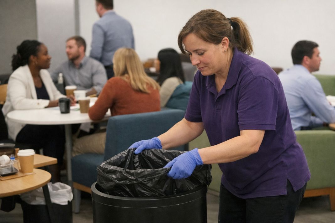 A representative image of a cleaner changing the liner in a waste bin beside a modern office