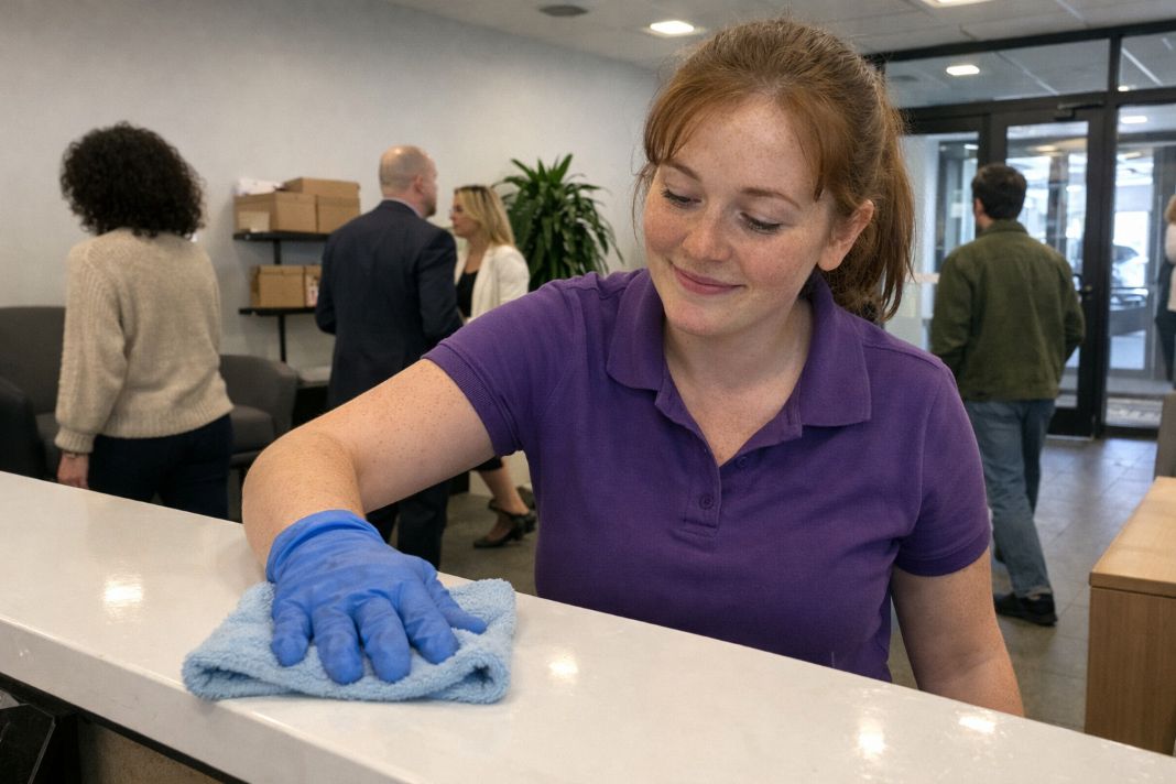 A representative image of a cleaner dusting a reception desk