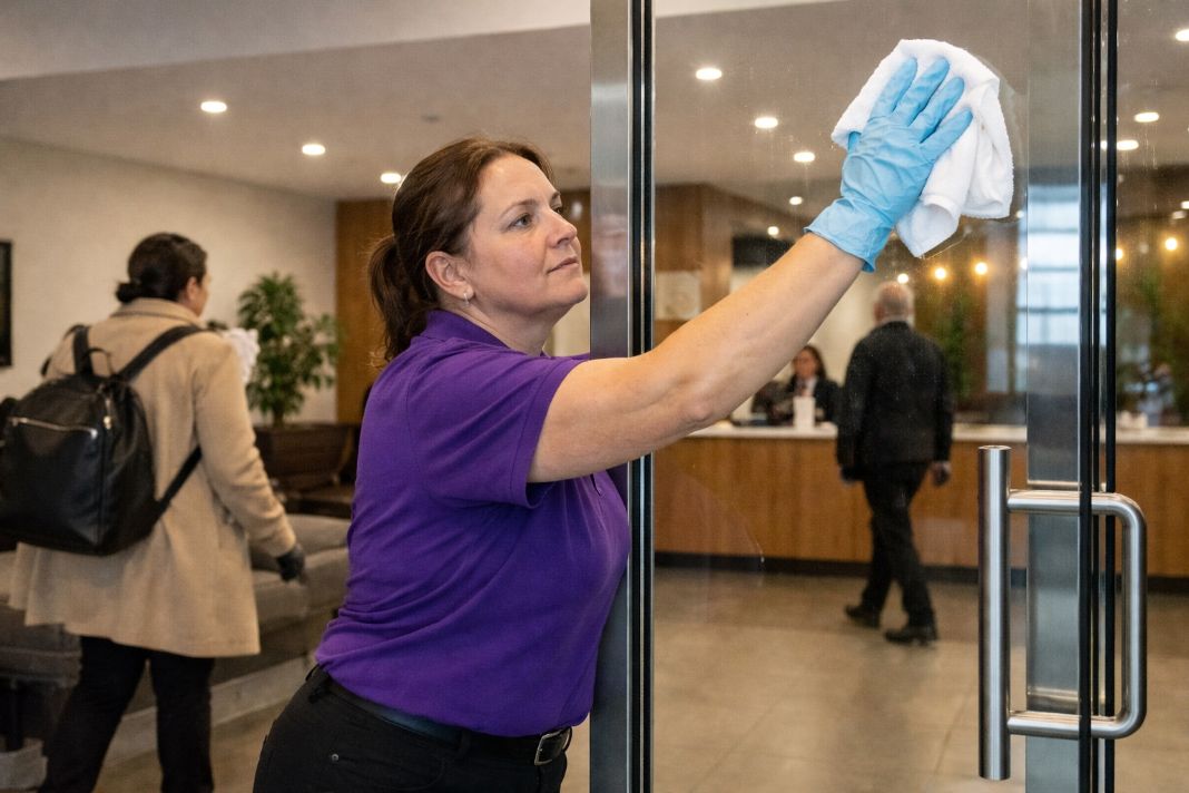 A representative image of a cleaner polishing a building door