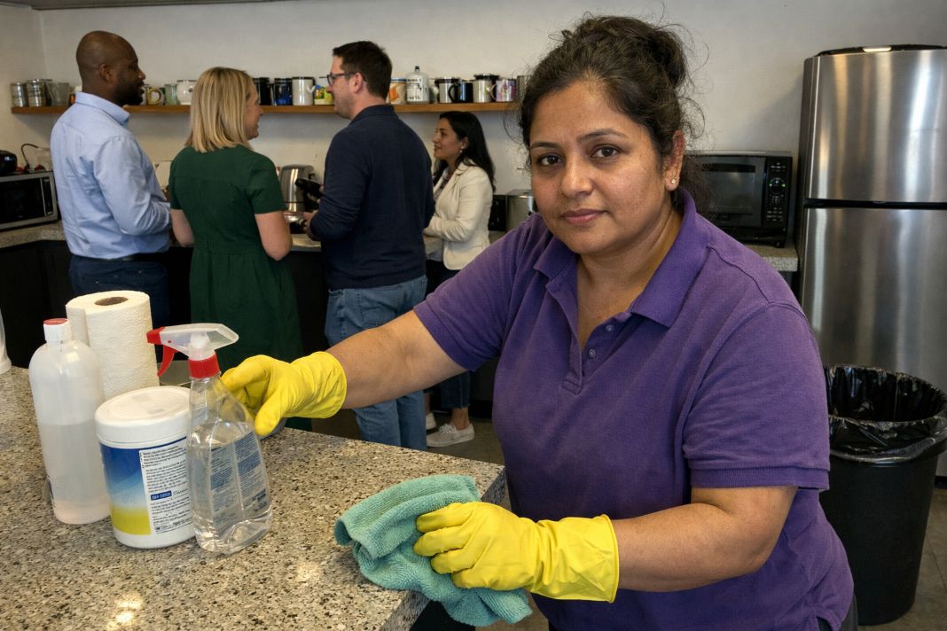 A representative image of a cleaner tidying and disinfecting a communal office kitchen