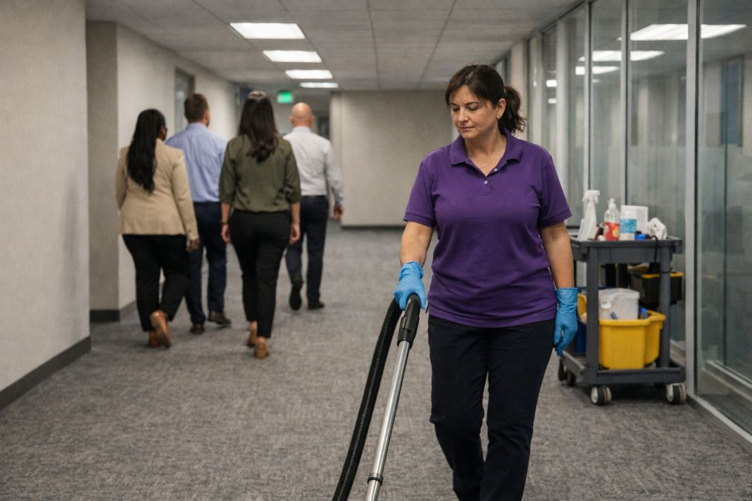 A representative image of a cleaner vacuuming a carpeted office corridor