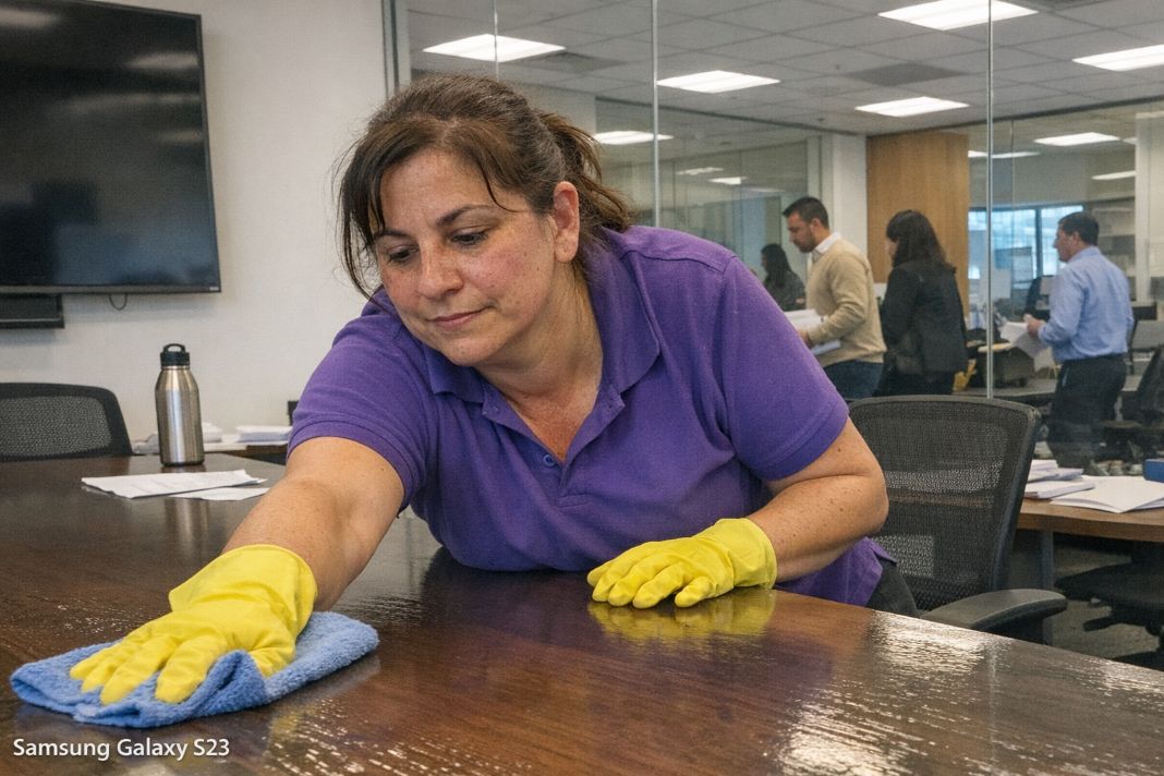 A representative image of a cleaner wiping down a large meeting room table