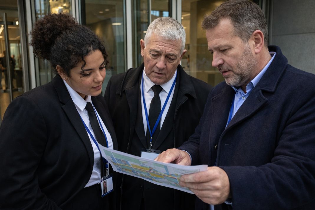 A representative image of a contracts manager and two security officers have a discussion