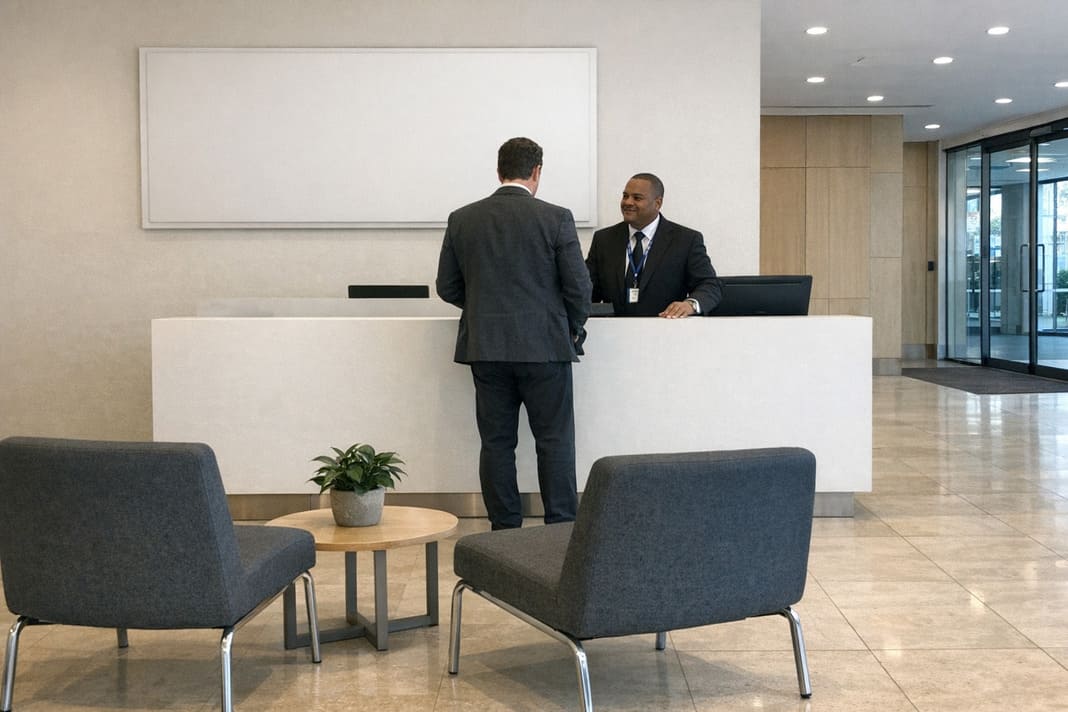 Visitor check taking place in a corporate reception area