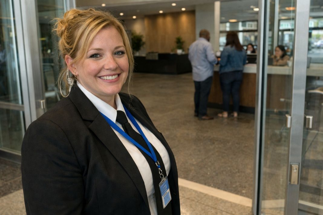 A representative image of a security officer at a corporate building