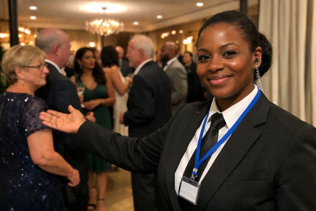 A representative image of a security officer greeting guests at an indoor gala entrance