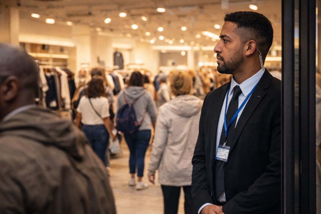 A representative image of a security officer standing attentively at a retail store entrance