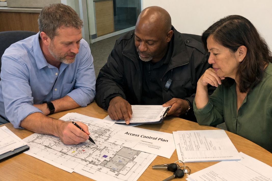 A representative image of facility managers and a security provider representative reviewing a building access control plan