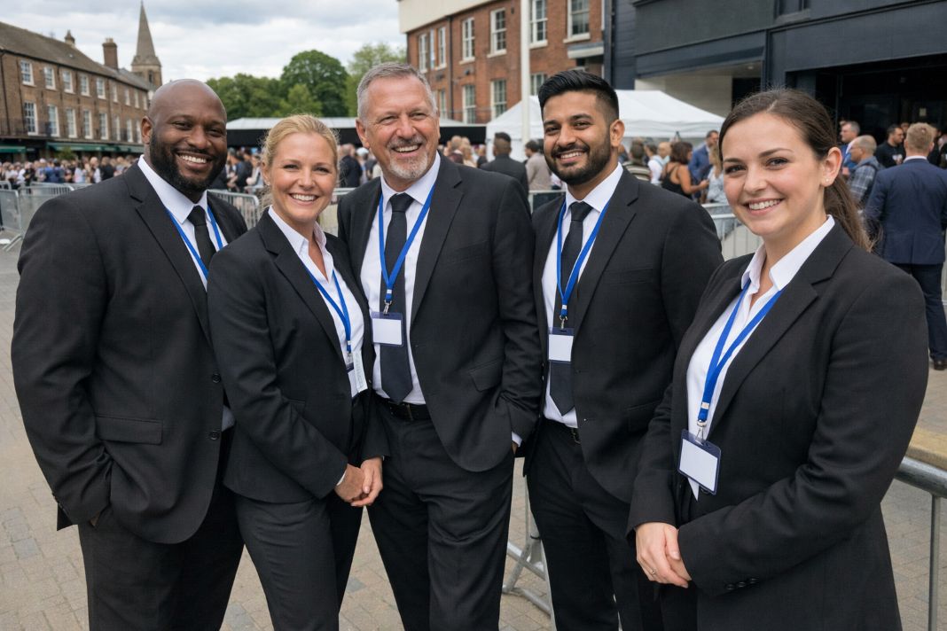 A representative image of security guards outside a modern event venue