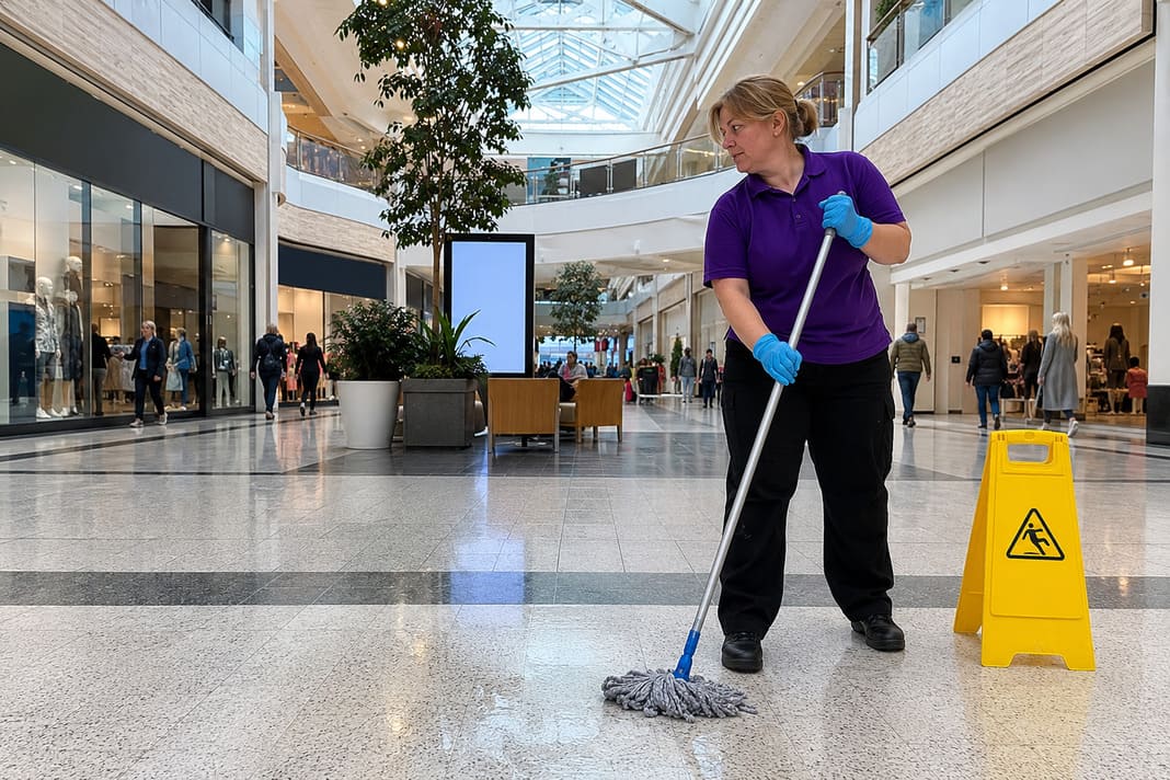 A photo of a cleaner cleaning a shopping centre floor