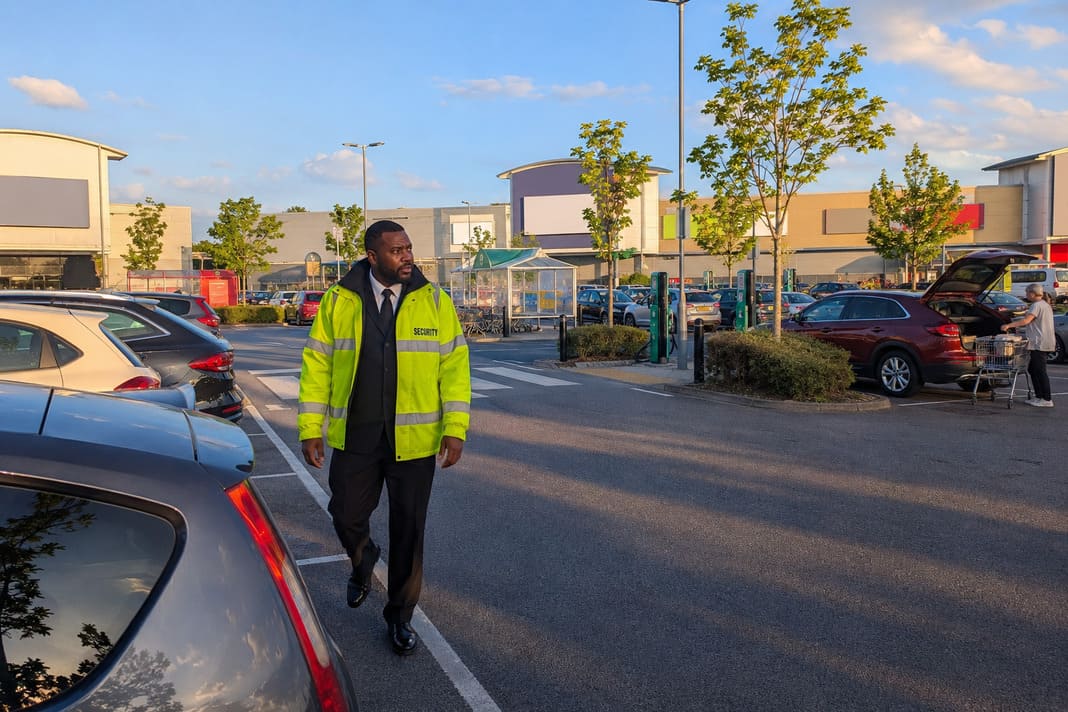 A photo of a security guard patrolling a retail park car park in the UK
