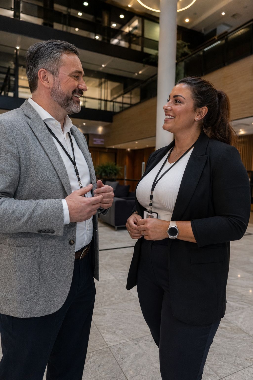 A facilities manager and building manager meeting in a corporate building