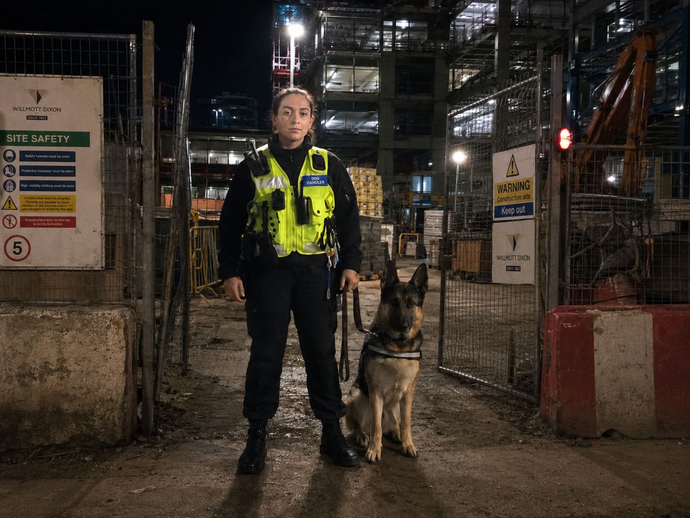 Security dog handler on patrol at a construction or industrial site