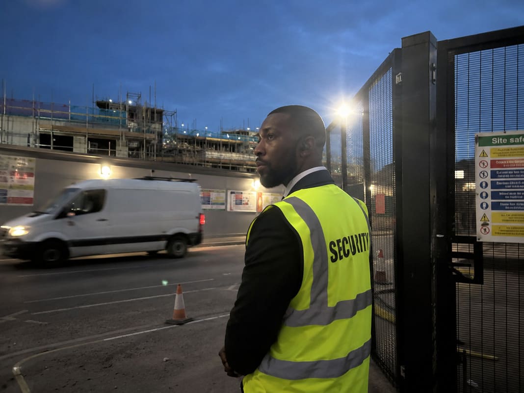 A photo of a static security officer guarding the perimeter of their site