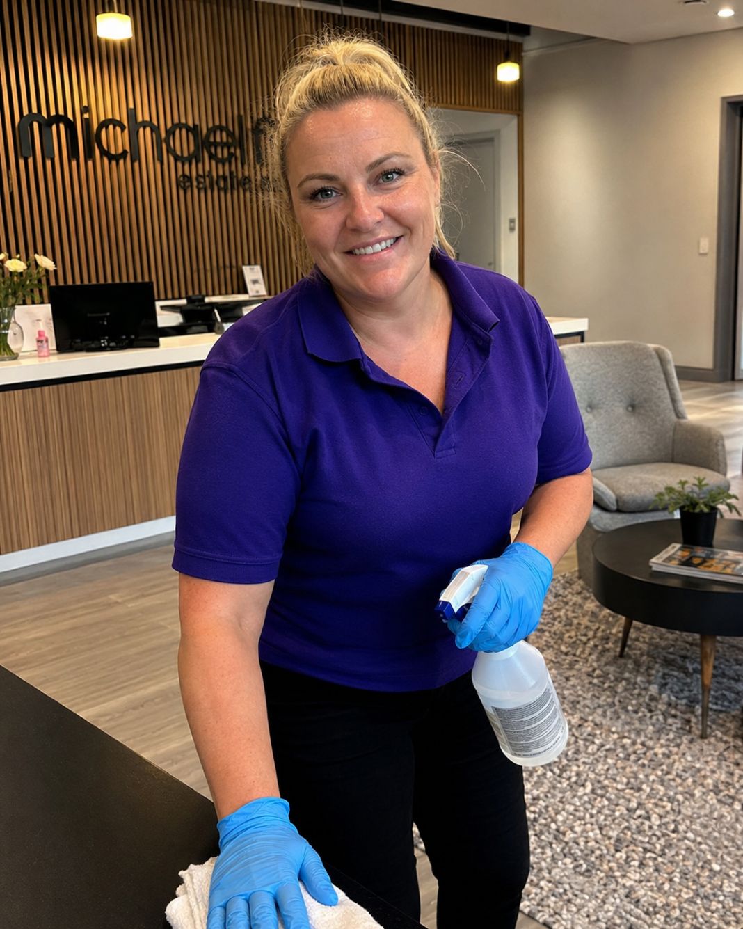A representative photo of a cleaner cleaning an office reception space