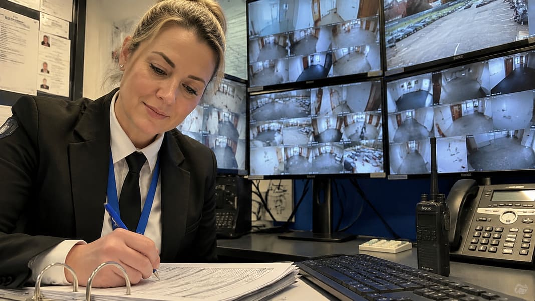 CCTV monitoring officer records incidents while reviewing timestamped surveillance footage and reports.