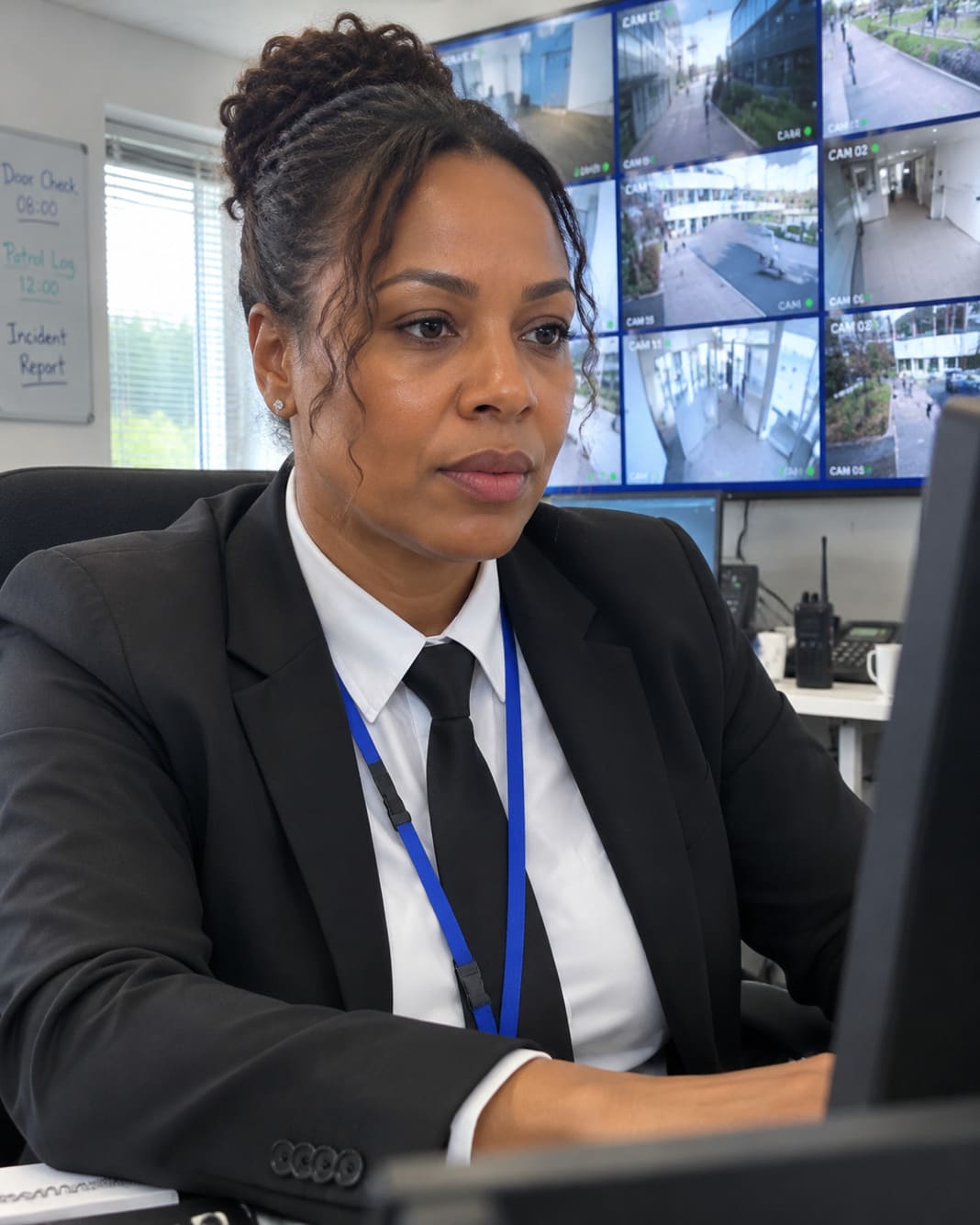 CCTV operator monitors live cameras protecting buildings, entrances, and perimeter areas remotely.