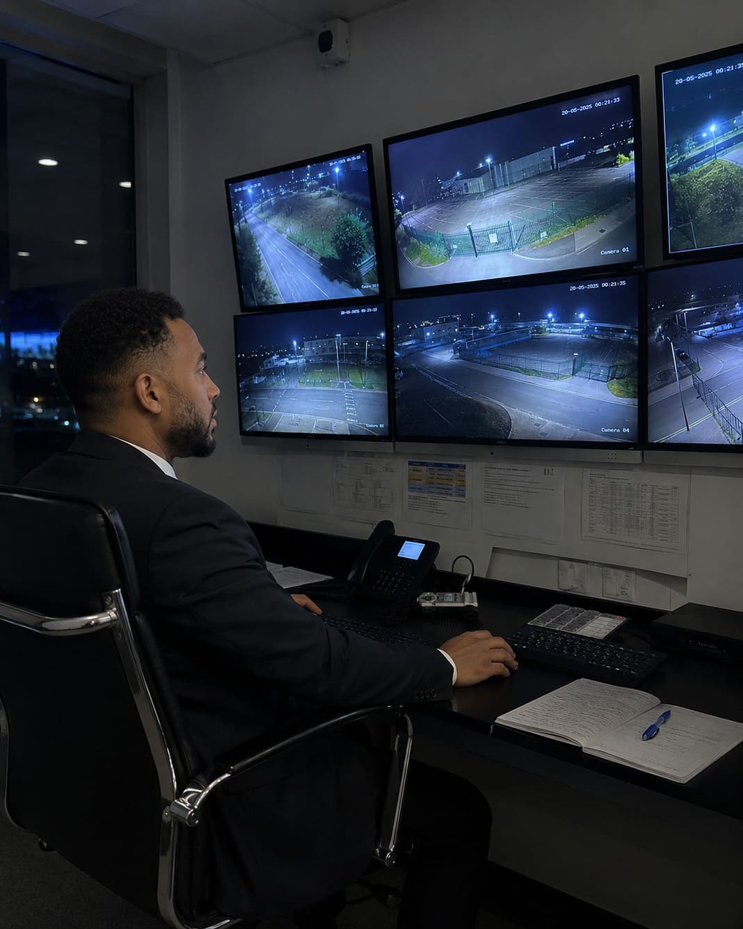 CCTV monitoring professional manages nationwide surveillance coverage from a secure control room.