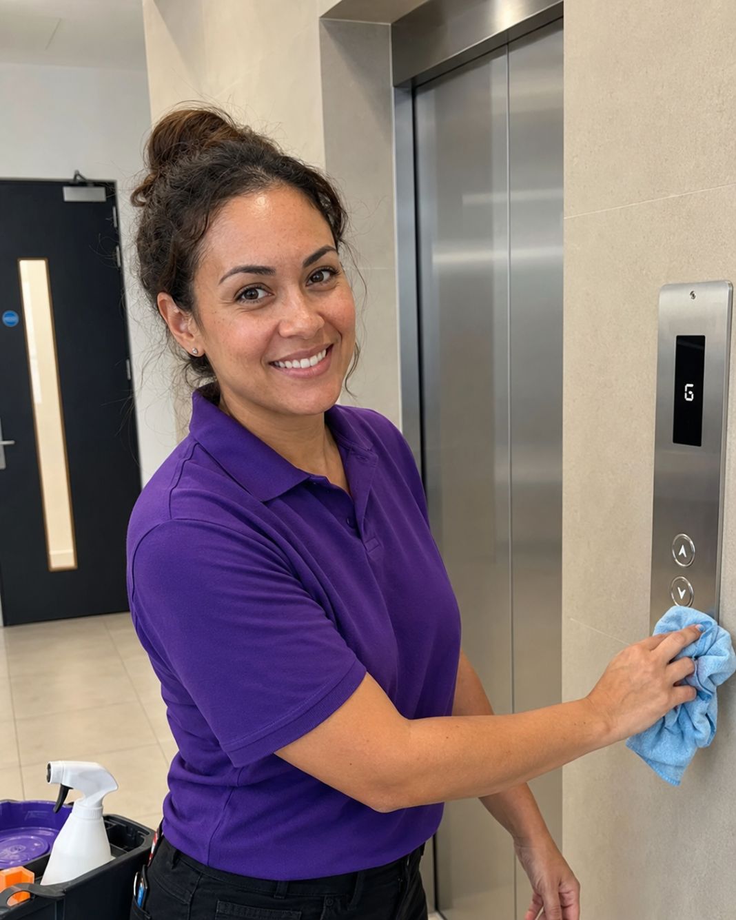 Commercial cleaner cleaning a lift panel